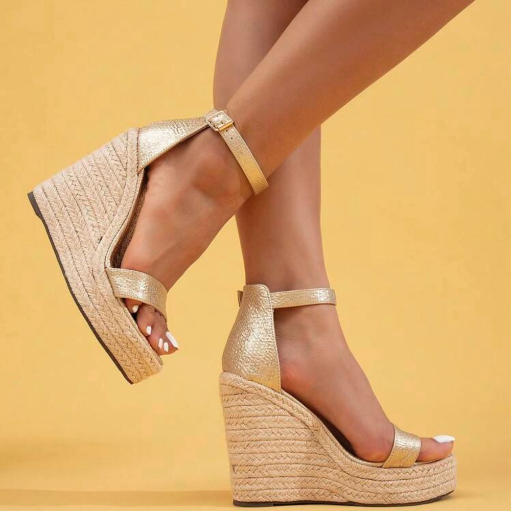 Wedge heels, with gold straps- never worn